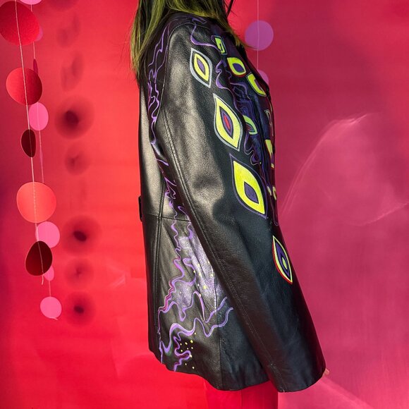 Upcycled Abstract Neon Leather Jacket – Hand-Painted Festival & Street Style - Picture 4 of 12